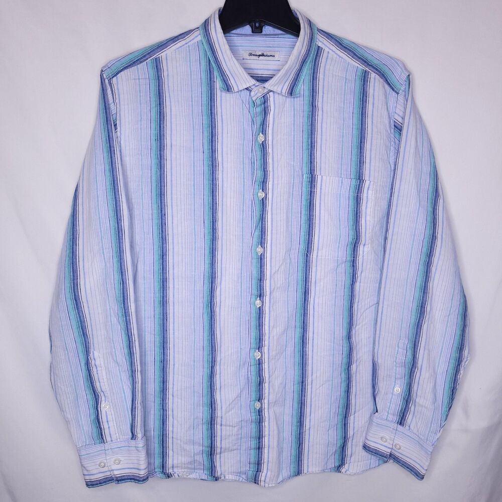 Tommy Bahama Linen Shirt Mens XL Striped Blue, White